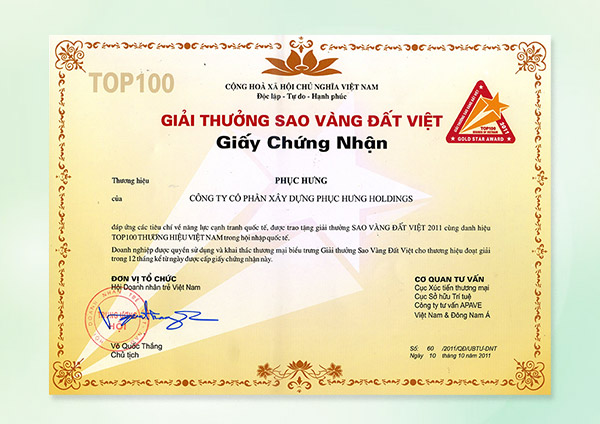 “Top 100 giải thưởng Sao vàng Đất Việt năm 2011” do Hội Doanh nhân Trẻ Việt Nam chứng nhận