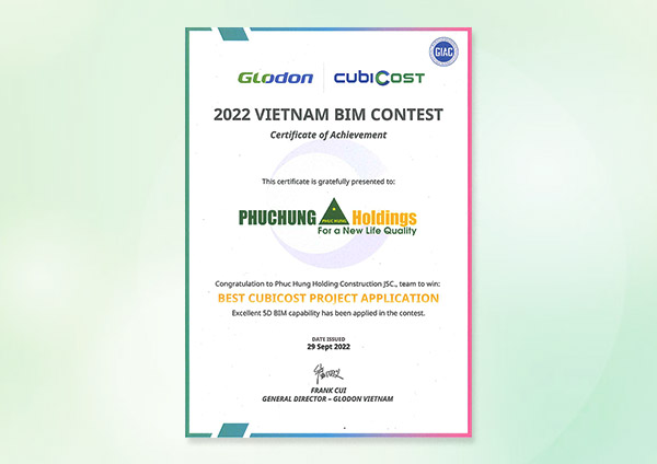 “Dự án áp dụng mô hình BIM 5D tốt nhất năm 2022” do Glodon Việt Nam vinh danh vị trí đứng đầu ở hạng mục Giải thưởng