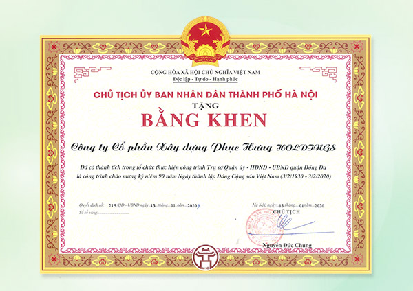 Chủ tịch UBND TP Hà Nội tặng bằng khen ‘‘Đã có thành tích trong tổ chức thực hiện công trình Trụ sở Quận ủy – HĐND – UBND quận Đống Đa là công trình chào mừng kỷ niệm 90 năm Ngày thành lập Đảng Cộng sản Việt Nam