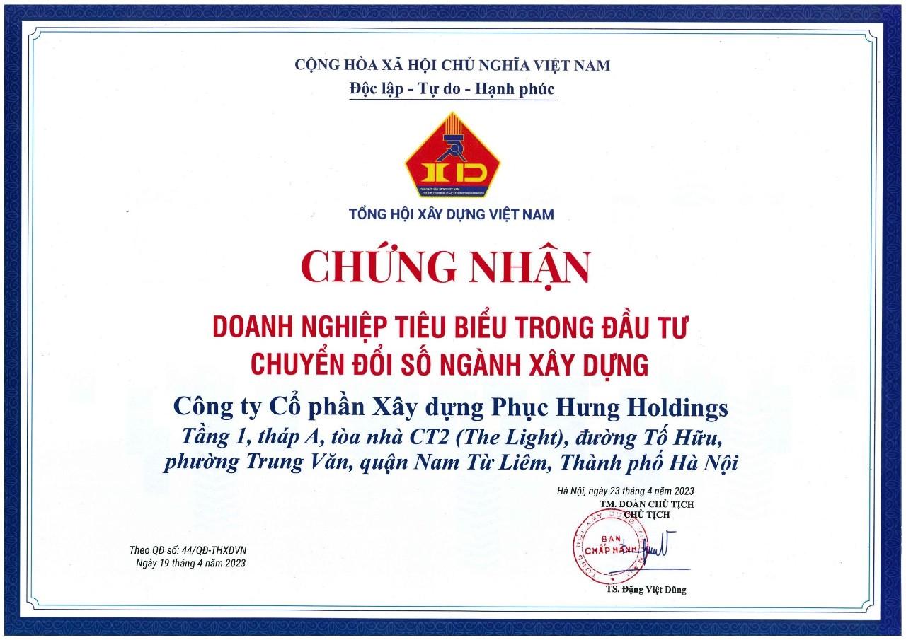 Phục Hưng Holdings đạt giải “Doanh nghiệp tiêu biểu trong đầu tư chuyển đổi số ngành Xây dựng”