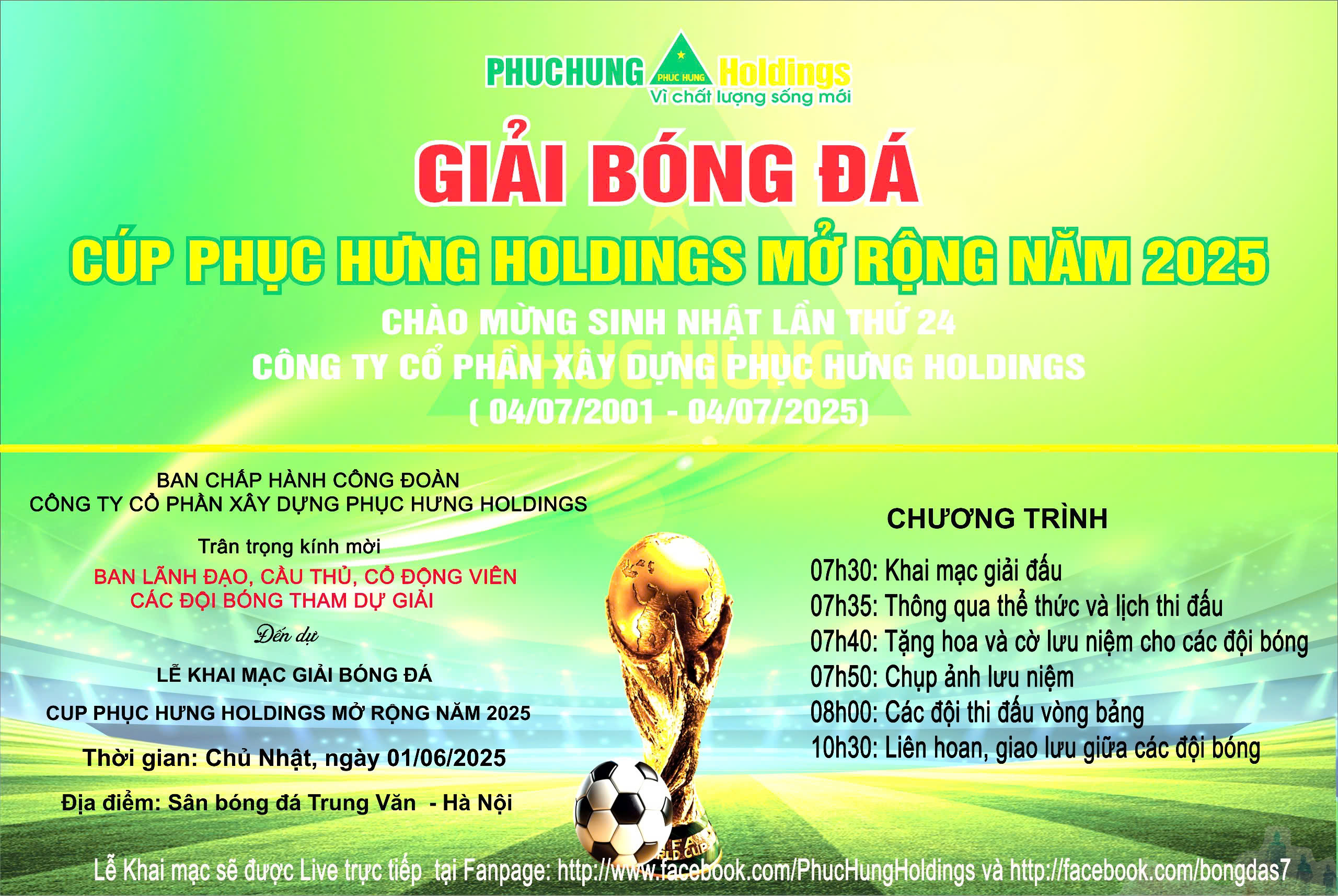 THƯ MỜI THAM DỰ LỄ KHAI MẠC & CỔ VŨ GIẢI BÓNG ĐÁ “CUP PHỤC HƯNG HOLDINGS MỞ RỘNG NĂM 2025”