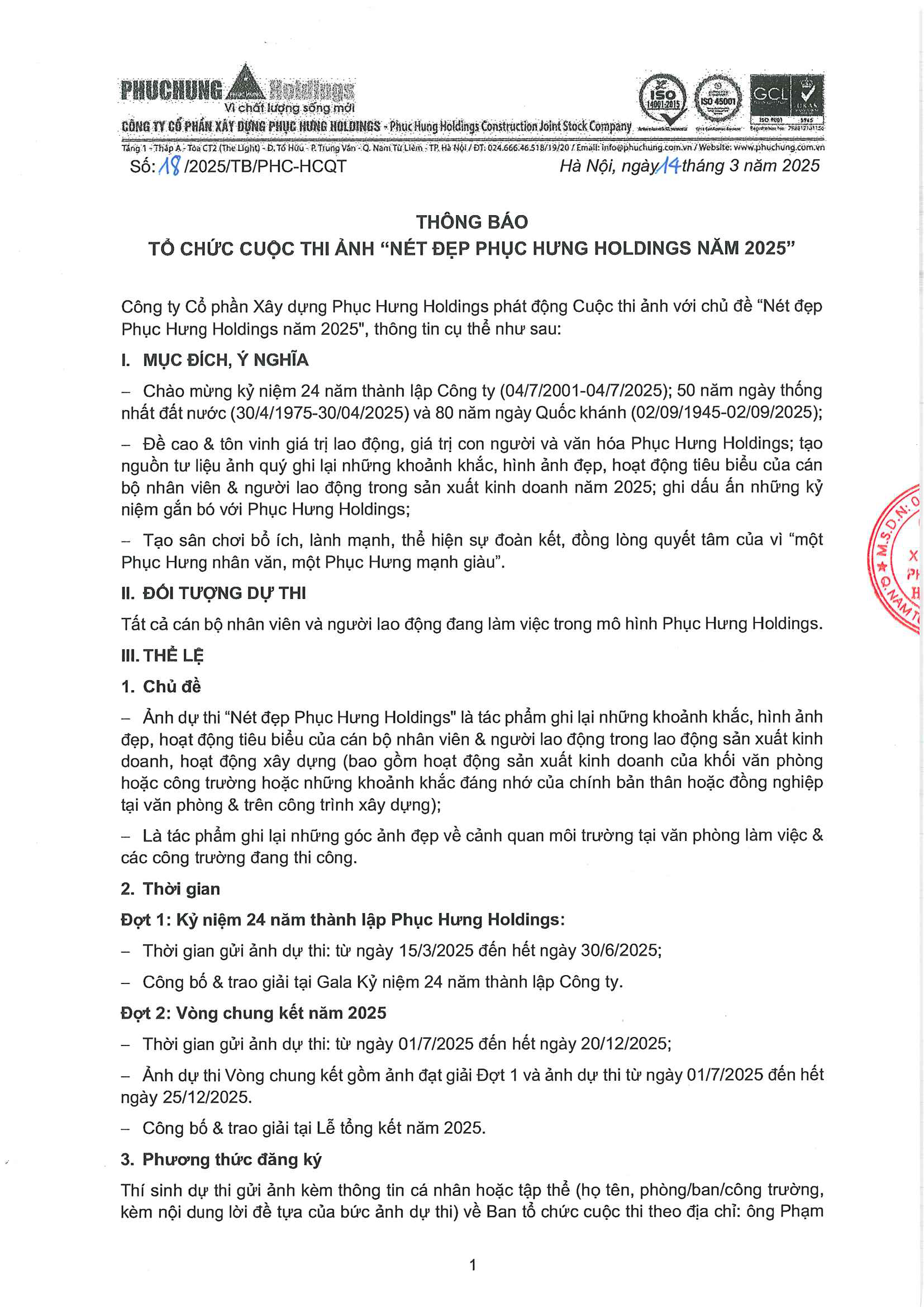 THÔNG BÁO TỔ CHỨC CUỘC THI ẢNH NÉT ĐẸP PHỤC HƯNG HOLDINGS NĂM 2025