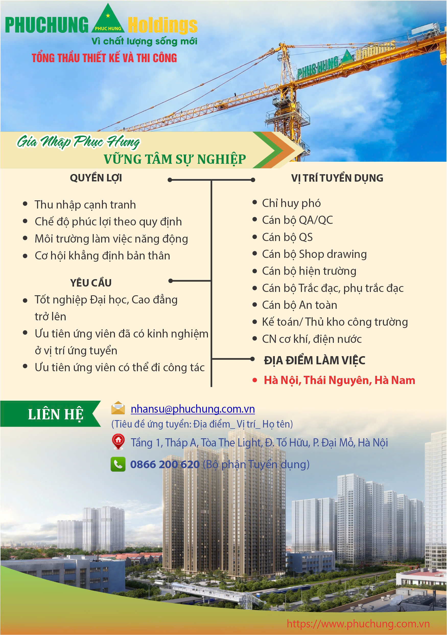 PHỤC HƯNG HOLDINGS TUYỂN DỤNG NHÂN SỰ CÁC DỰ ÁN TẠI HÀ NỘI, THÁI NGUYÊN, HÀ NAM