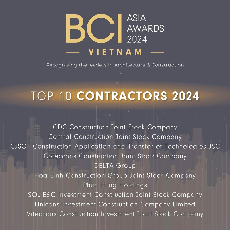 PHỤC HƯNG HOLDINGS LỌT VÀO TOP 10 NHÀ THẦU HÀNG ĐẦU VIỆT NAM NĂM 2024 THEO ĐÁNH GIÁ CỦA BCI CENTRAL