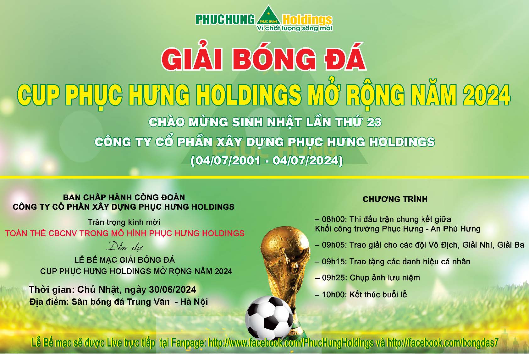 THÔNG BÁO MỜI THAM DỰ LỄ BẾ MẠC GIẢI BÓNG ĐÁ CUP PHC MỞ RỘNG NĂM 2024