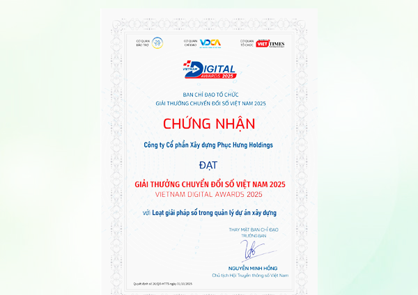 Công ty CPXD Phục Hưng Holdings đạt Giải thưởng chuyển đổi số năm 2025 Do Hội Truyền thông số Việt Nam trao tặng
