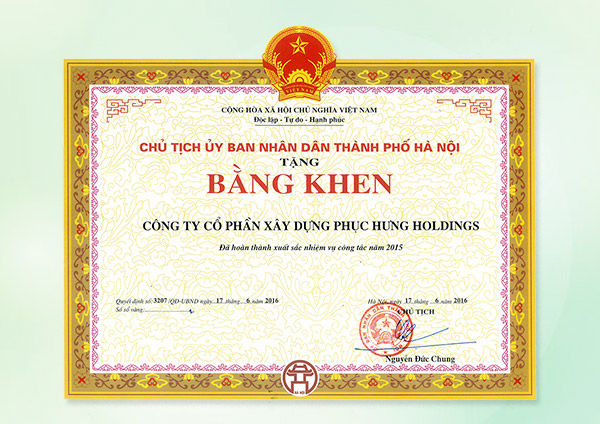 Chủ tịch UBND thành phố Hà Nội tặng bằng khen “Đã hoàn thành xuất sắc nhiệm vụ công tác năm 2010-2015”