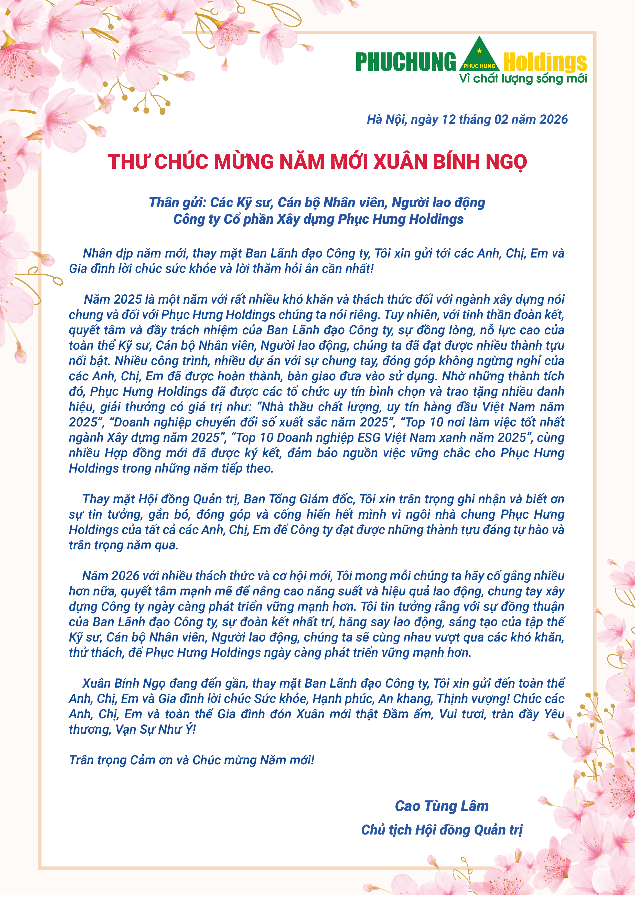 THƯ CHÚC MỪNG NĂM MỚI XUÂN BÍNH NGỌ