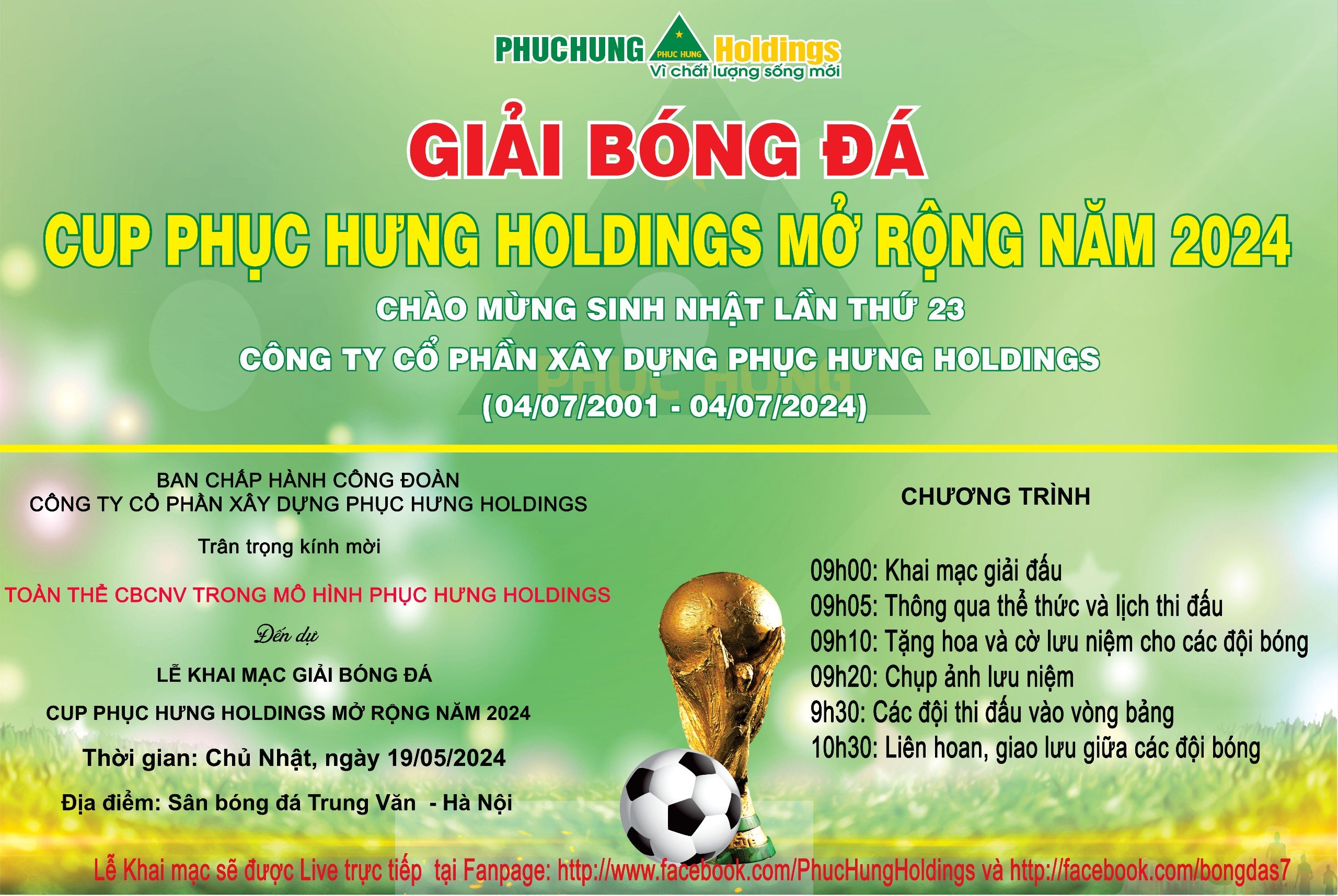 THƯ MỜI THAM DỰ LỄ KHAI MẠC & CỔ VŨ GIẢI BÓNG ĐÁ “CUP PHỤC HƯNG HOLDINGS MỞ RỘNG NĂM 2024”