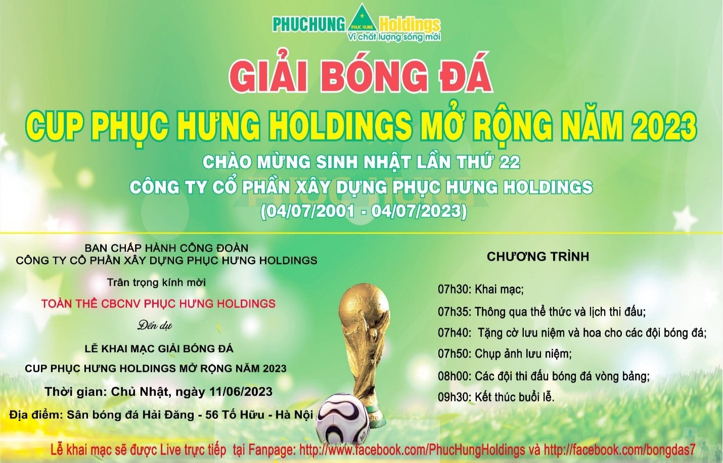 Thư mời tham dự Lễ khai mạc & cổ vũ Giải bóng đá “CUP PHỤC HƯNG HOLDINGS MỞ RỘNG NĂM 2023”