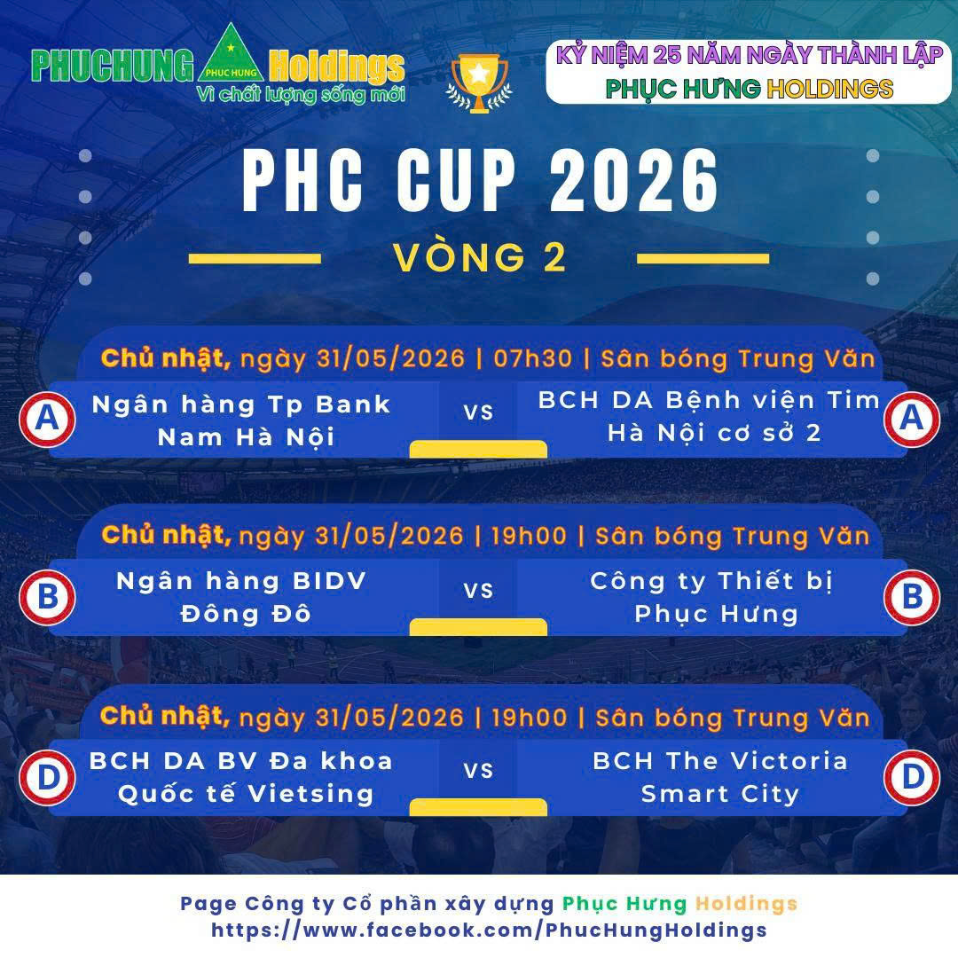 THÔNG BÁO LỊCH THI ĐẤU VÒNG 2 “CUP PHỤC HƯNG HOLDINGS MỞ RỘNG NĂM 2026”